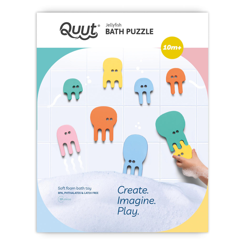 Packaging for a Quut Jellyfish Bath Puzzle, featuring colorful foam jellyfish toys on a tiled wall. Includes playful text: "Create. Imagine. Play."
