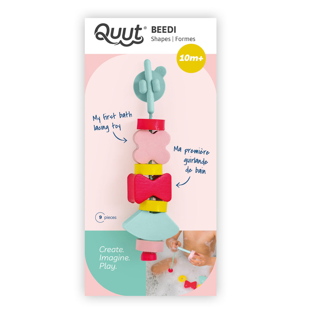 Bath toy package featuring colorful, interlocking shapes on a string. "10m+" age label. Text reads "My first bath lacing toy" in English and French. Playful tone.