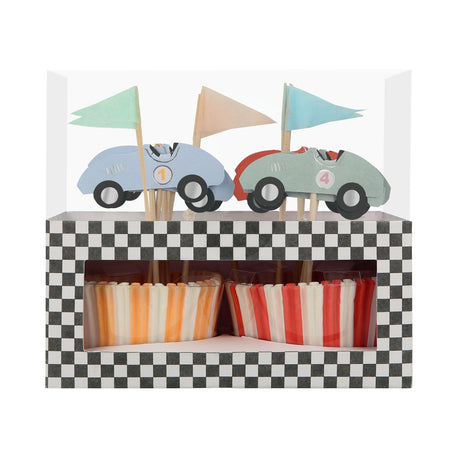 Race cars cupcake kit box with checkered border, vintage car toppers, and striped baking cups.