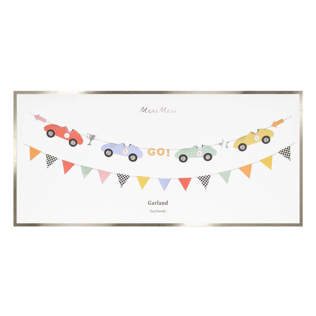 Featuring colourful paper race cars strung together with checkered flags, perfect for decorating kids' parties or car-themed events.