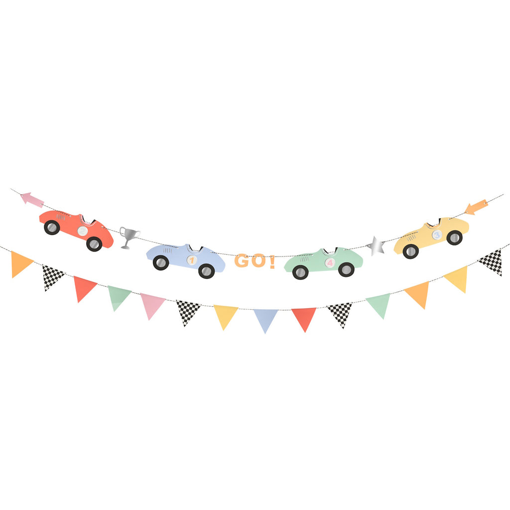 Featuring colourful paper race cars strung together with checkered flags, perfect for decorating kids' parties or car-themed events.