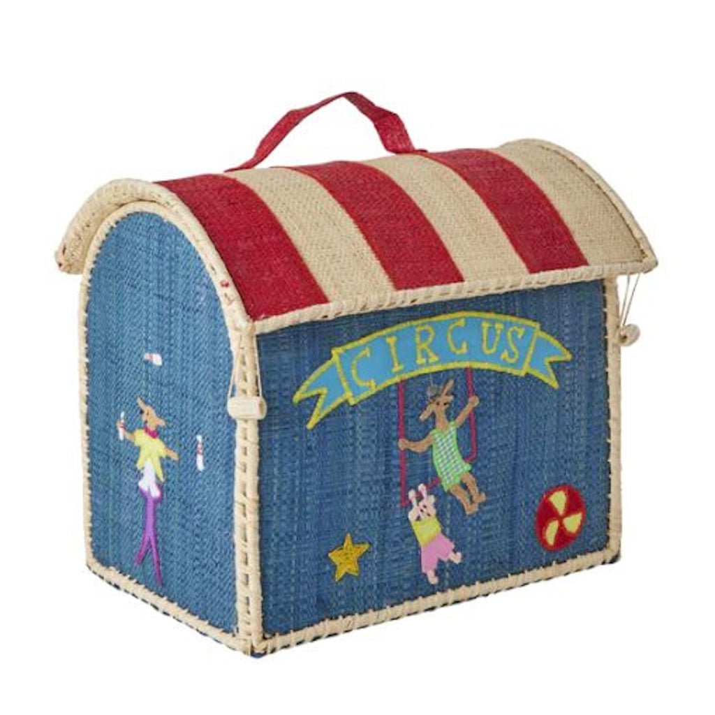 Colorful circus-themed storage box with red striped roof and blue sides. Features playful animal illustrations, including a performer and acrobats.