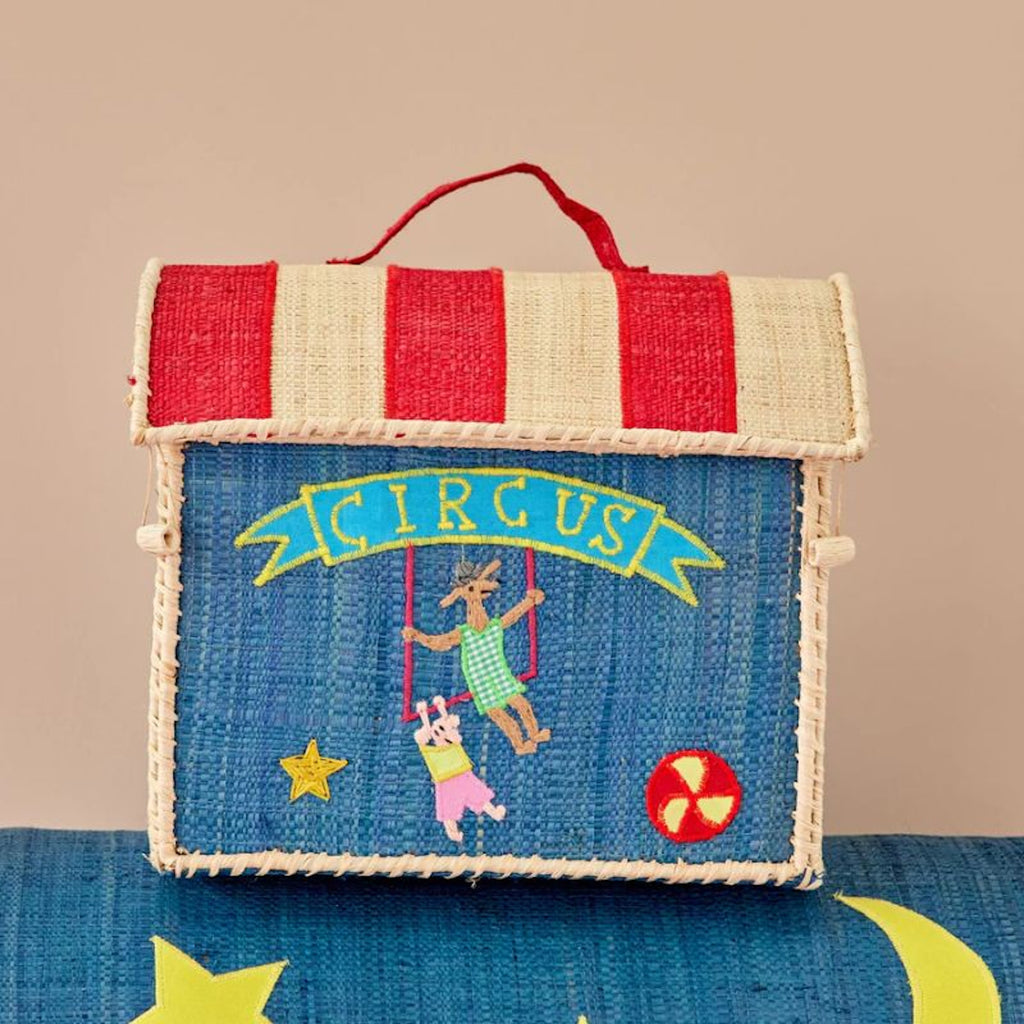 Whimsical handmade box with a striped red and white lid. A blue front displays circus animals on swings, with cheerful stars and a "Circus" banner.