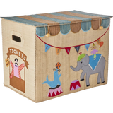 A fabric storage box with a circus theme. It features an elephant and seal, colorful bunting spelling "CIRCUS," and a ticket booth graphic, evoking playful whimsy.