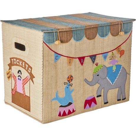 A fabric storage box with a circus theme. It features an elephant and seal, colorful bunting spelling "CIRCUS," and a ticket booth graphic, evoking playful whimsy.