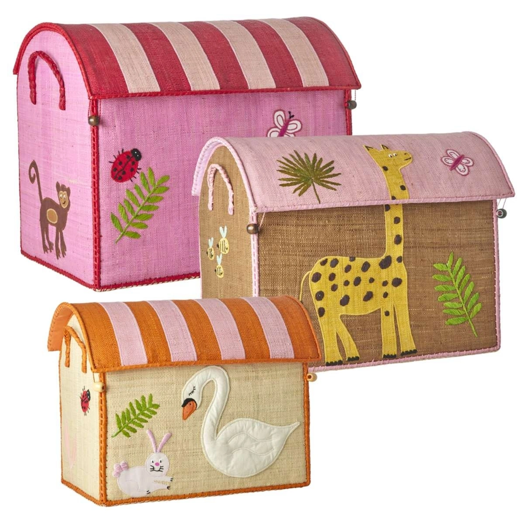 Three colorful, fabric storage chests with animal designs. A red-striped chest with a monkey and ladybug, a pink one with a giraffe, and an orange-striped chest featuring a swan and rabbit. Each has embroidered details and a playful, cheerful vibe.