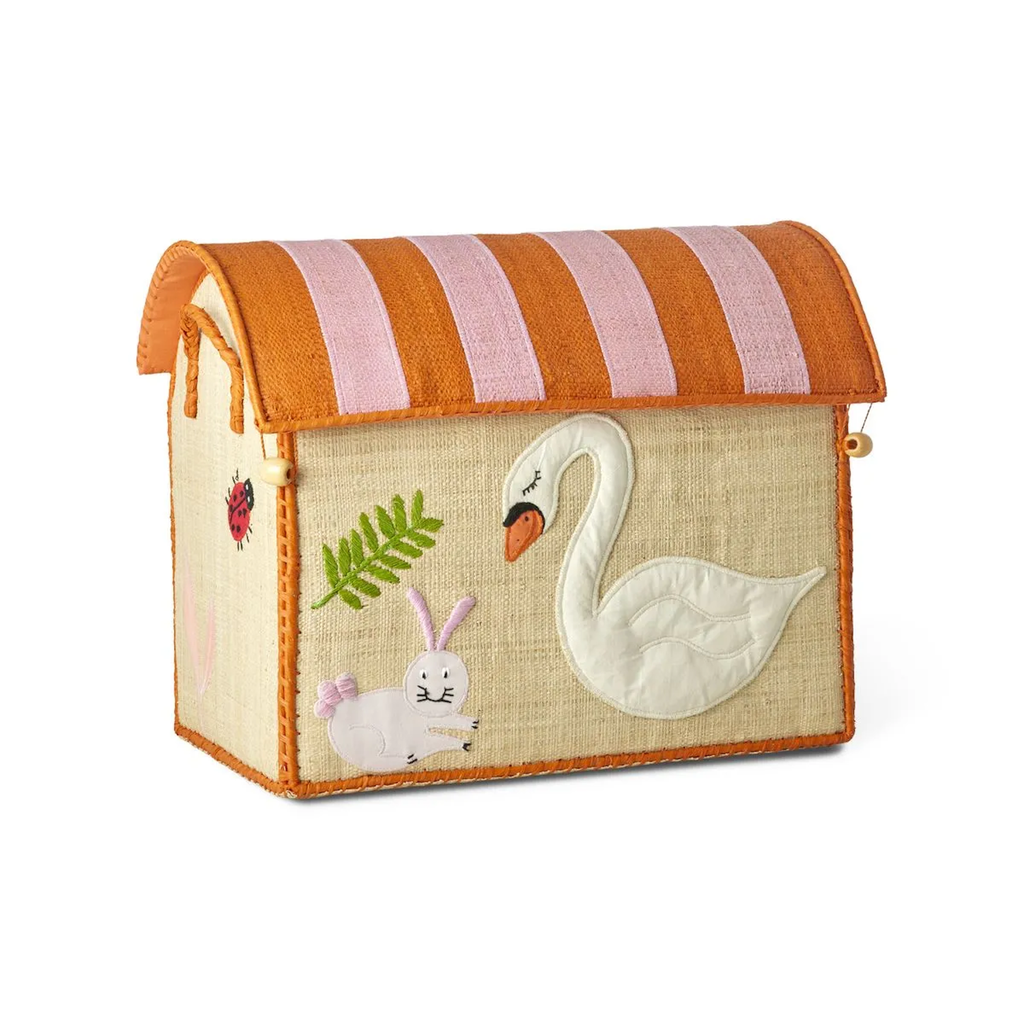 A decorative fabric box with an orange and pink striped roof. It features a swan, a rabbit, a green leaf, and a ladybug, evoking a playful, whimsical tone.