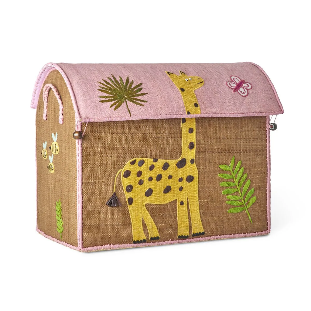 A whimsical storage box with a pink lid, featuring a yellow giraffe, green leaves, bees, and a butterfly on a brown background. Playful and cheerful design.