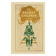 The Railway Children book cover by E. Nesbit featuring a steam train and three children waving flags.