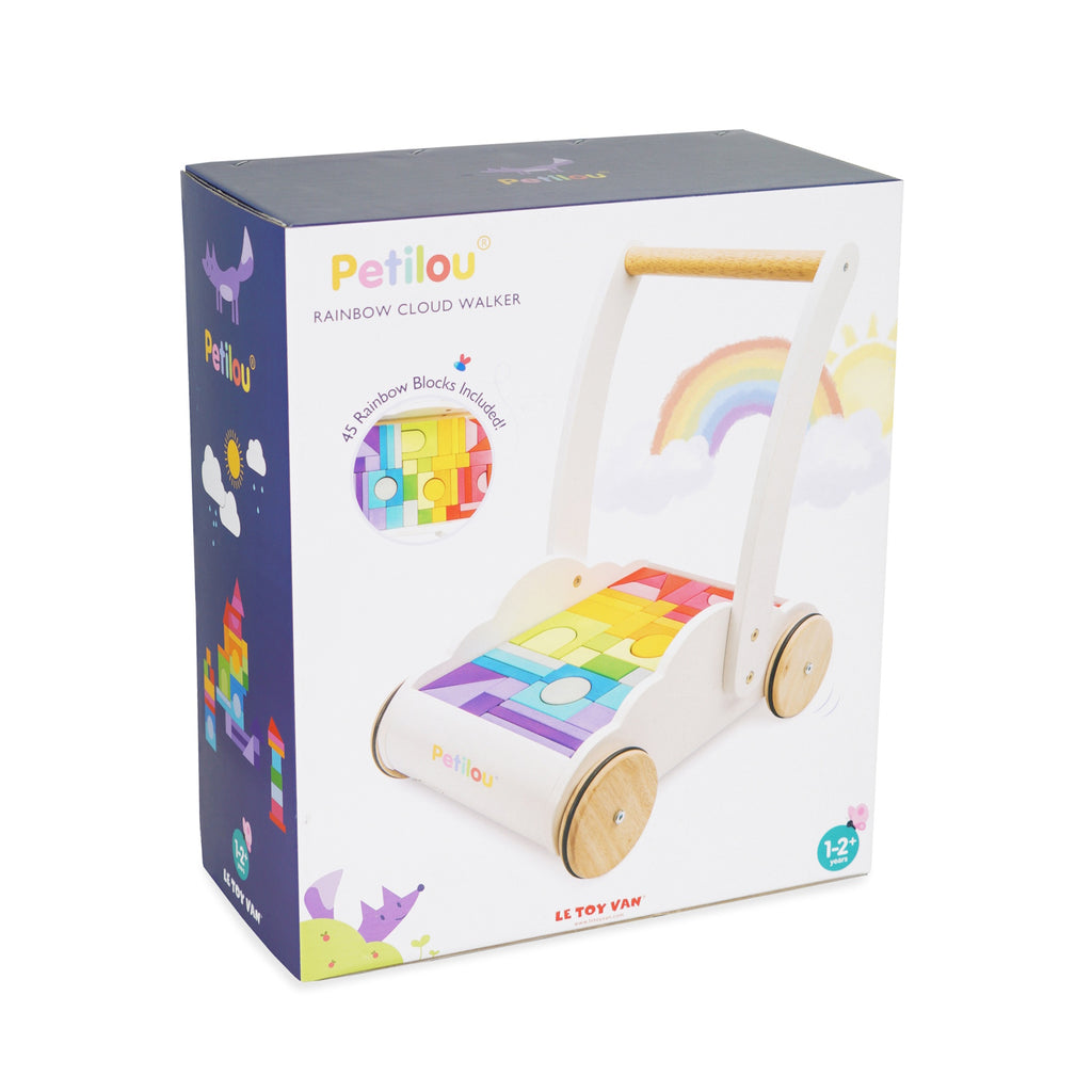Box packaging of the Petilou Rainbow Cloud Walker by Le Toy Van. Features a wooden walker with colorful rainbow blocks, set against a whimsical, playful design.