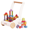 Wooden baby push walker with colorful blocks stacked in various shapes. Features a white frame, wooden handle, and wheels, evoking playful creativity.