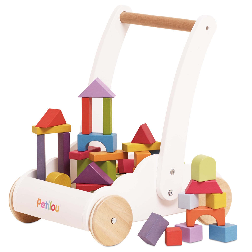 Wooden baby push walker with colorful blocks stacked in various shapes. Features a white frame, wooden handle, and wheels, evoking playful creativity.