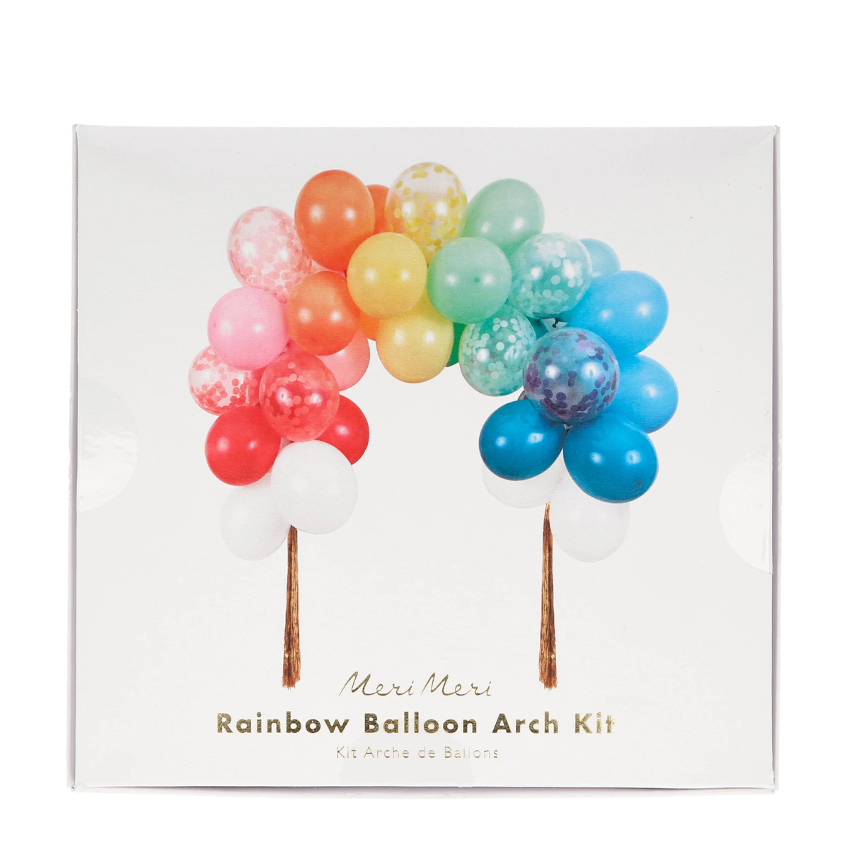 Packaged Meri Meri Rainbow Balloon Arch Kit box displaying the assembled balloon garland image.