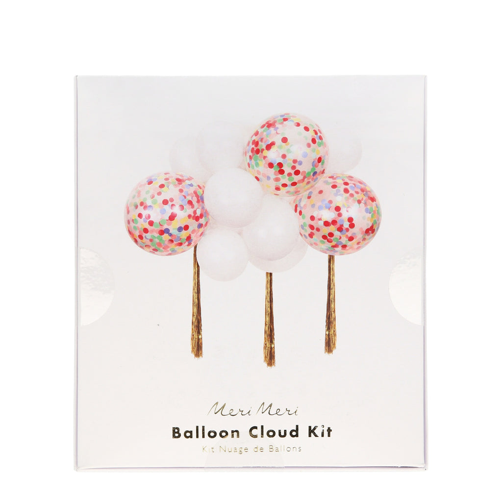 Featuring a vibrant mix of rainbow-coloured balloons arranged to create a cheerful, cloud-like party decoration.