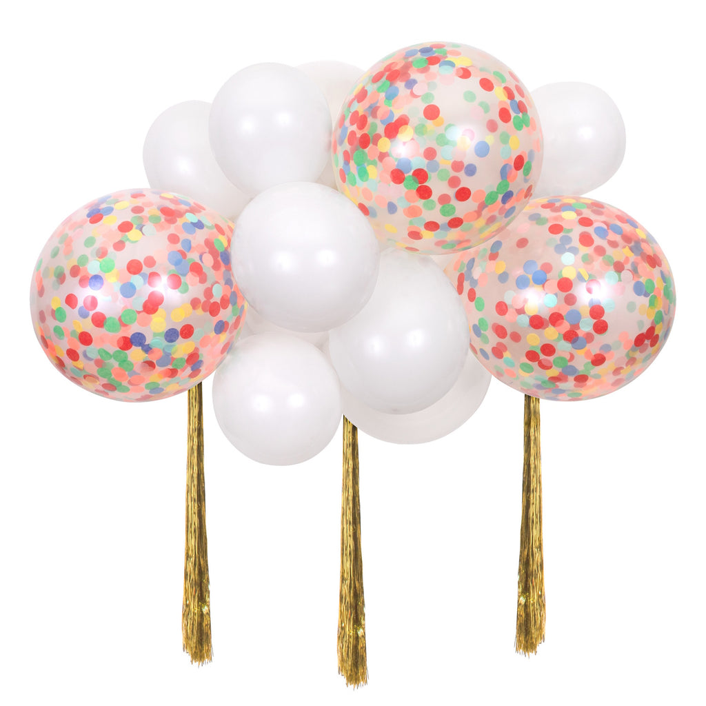 Featuring a vibrant mix of rainbow-coloured balloons arranged to create a cheerful, cloud-like party decoration.
