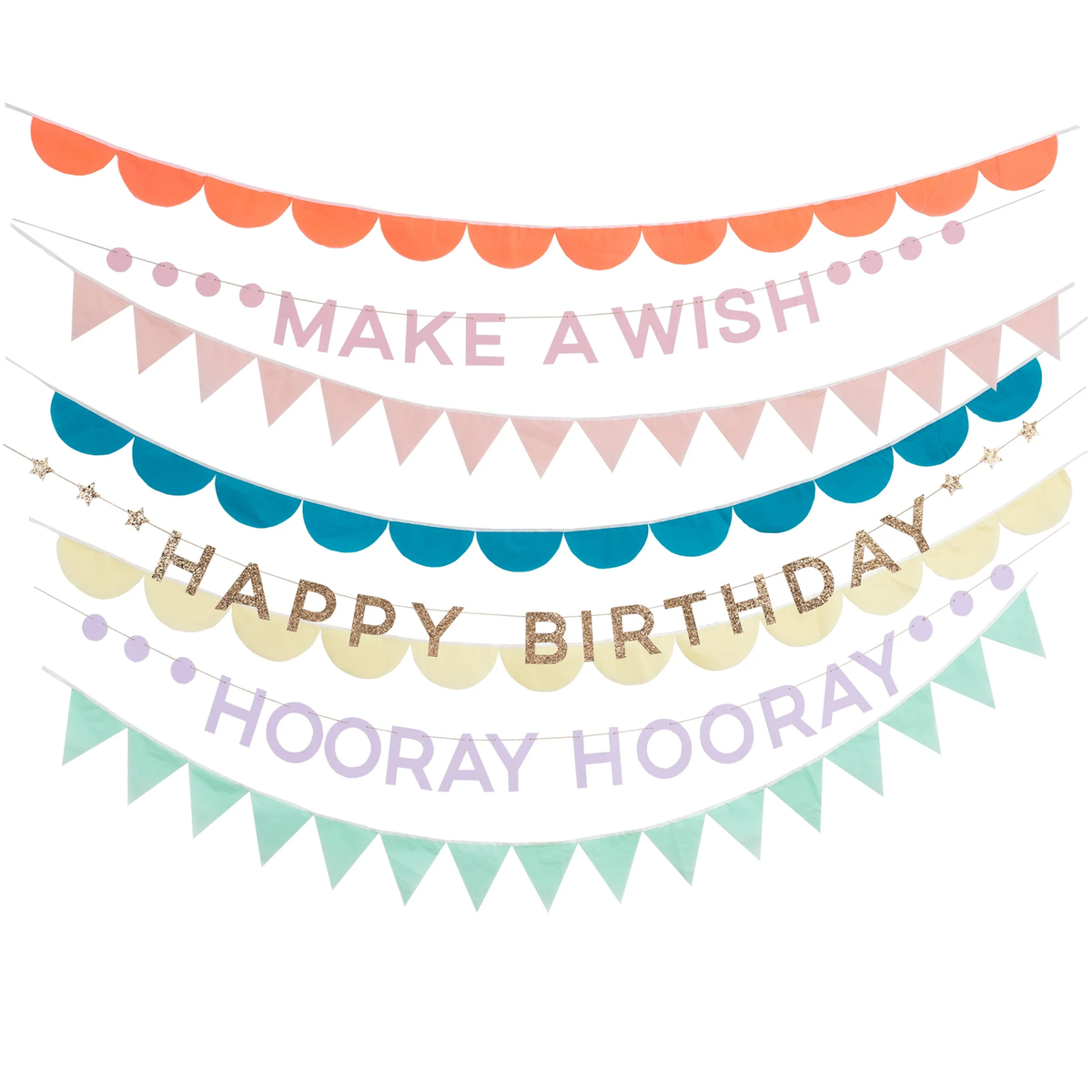 Colorful layered birthday party garland featuring scalloped edges, pennant flags, and "Happy Birthday" text.