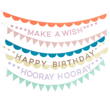 Colorful layered birthday party garland featuring scalloped edges, pennant flags, and "Happy Birthday" text.