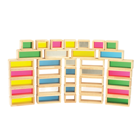 A set of wooden building blocks with translucent colored centers, perfect for construction play, color exploration, and use with light panels.