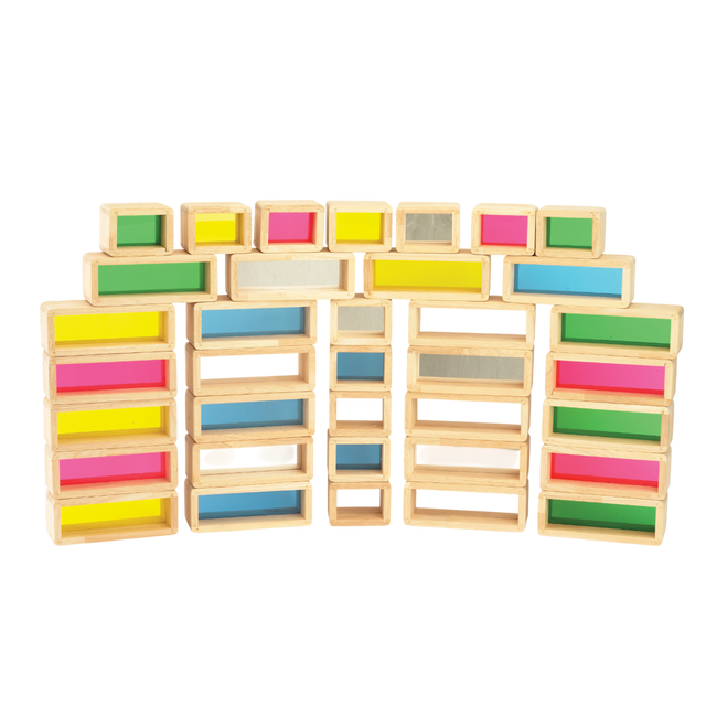 A set of wooden building blocks with translucent colored centers, perfect for construction play, color exploration, and use with light panels.