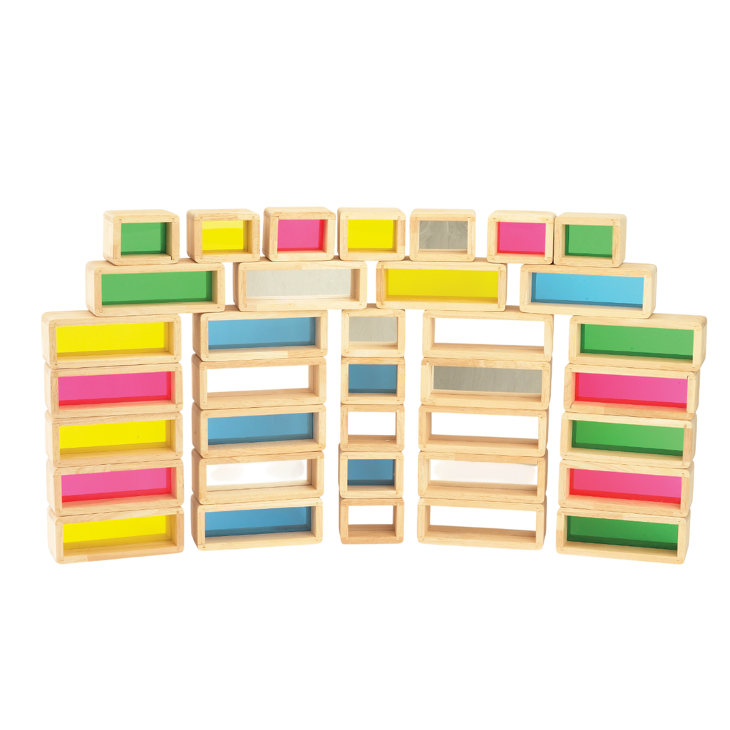 A set of wooden building blocks with translucent colored centers, perfect for construction play, color exploration, and use with light panels.