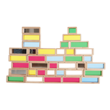 A set of wooden building blocks with translucent colored centers, perfect for construction play, color exploration, and use with light panels.