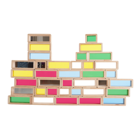 A set of wooden building blocks with translucent colored centers, perfect for construction play, color exploration, and use with light panels.