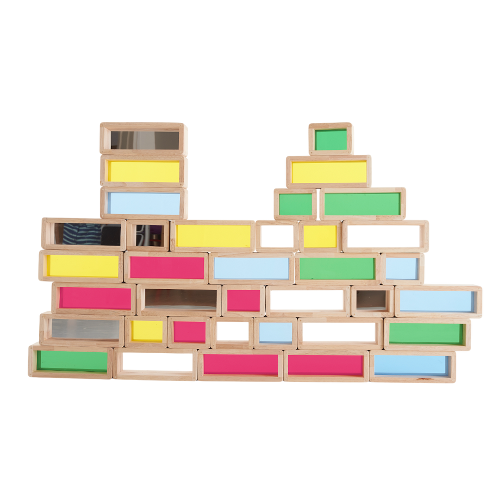 A set of wooden building blocks with translucent colored centers, perfect for construction play, color exploration, and use with light panels.