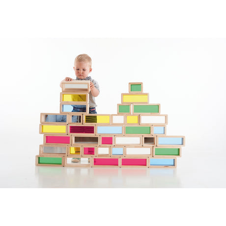 A set of wooden building blocks with translucent colored centers, perfect for construction play, color exploration, and use with light panels.