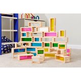 A set of wooden building blocks with translucent colored centers, perfect for construction play, color exploration, and use with light panels.