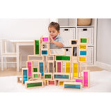 A set of wooden building blocks with translucent colored centers, perfect for construction play, color exploration, and use with light panels.