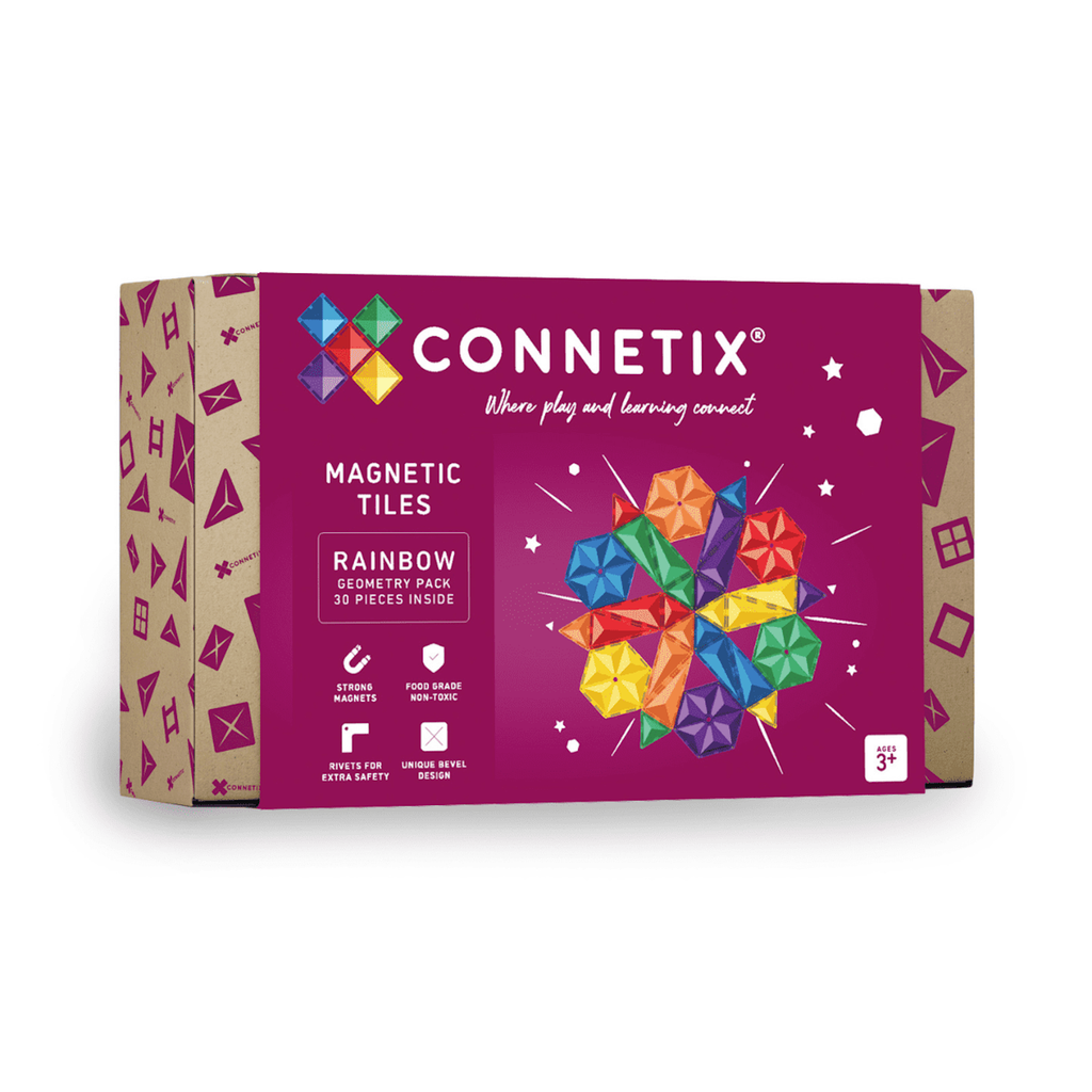 Brightly colored Connetix box features a geometric design of vibrant magnetic tiles and text "Magnetic Tiles, Rainbow Geometry Pack, 30 pieces." Kid-friendly and educational.
