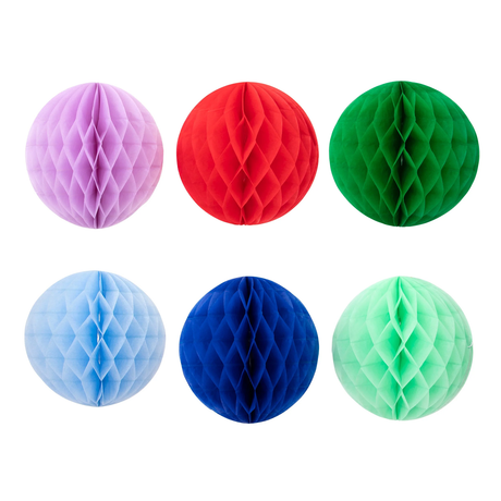 Six colorful paper honeycomb sphere decorations displayed in two rows against a white background.