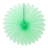 A single light green paper tissue fan decoration against a white background.