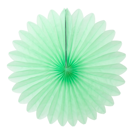 A single light green paper tissue fan decoration against a white background.