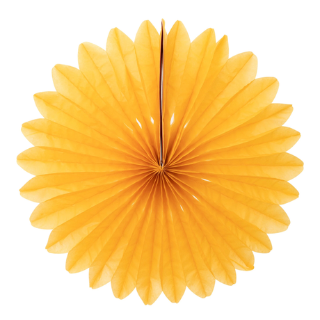 A bright yellow circular tissue paper fan decoration against a plain white background.