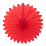 A bright red circular tissue paper fan party decoration on a solid white background.