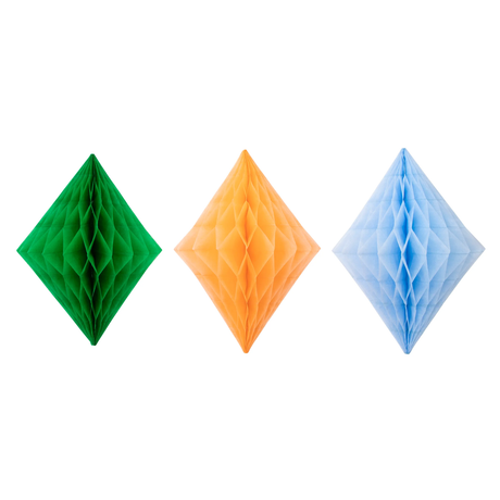 Three diamond-shaped paper honeycomb decorations in green, orange, and light blue against a white background.