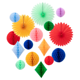 Colorful paper honeycomb balls, fans, and diamonds for party decorations against a white background.