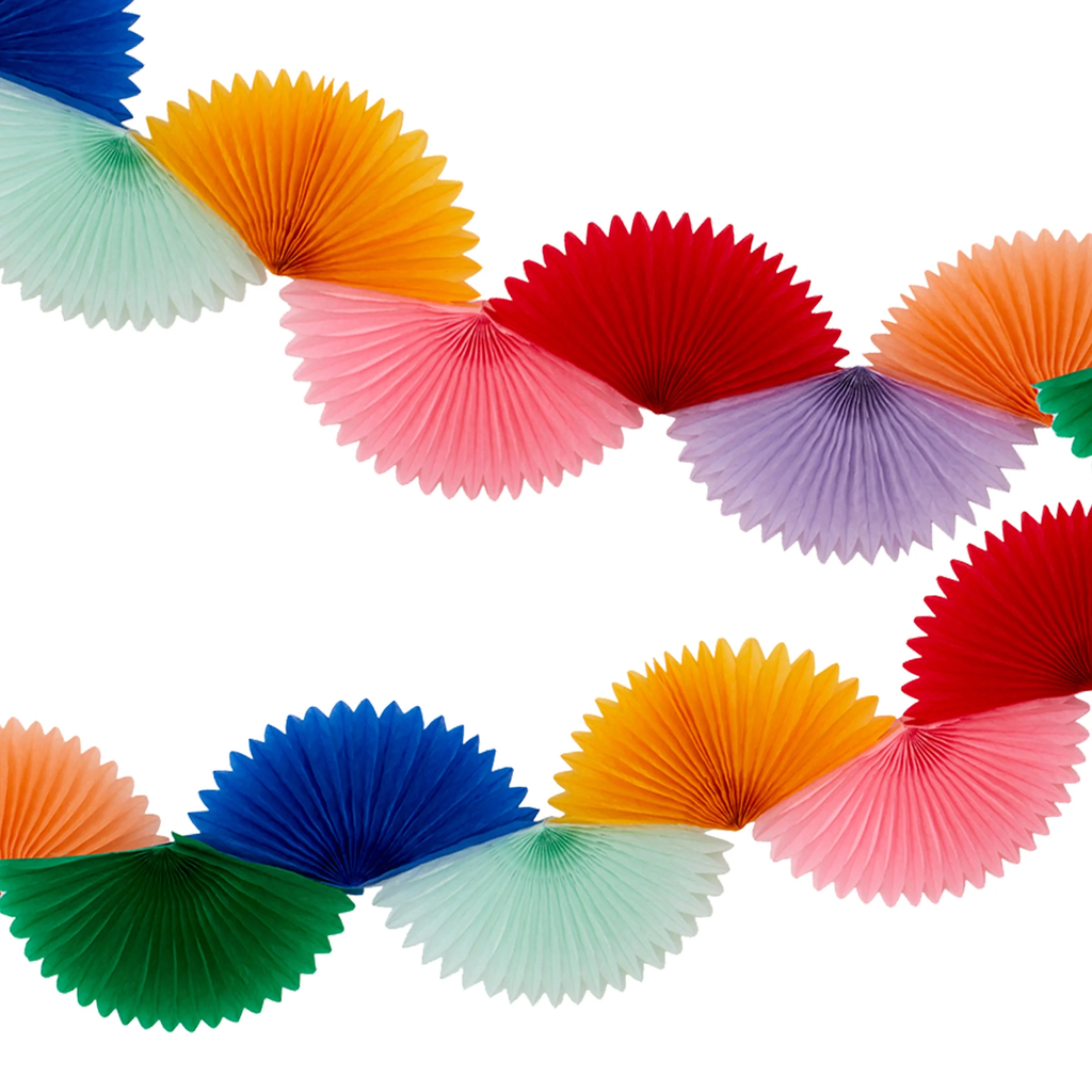 A festive garland featuring colorful honeycomb fan shapes, ideal for brightening up party spaces with a burst of color.