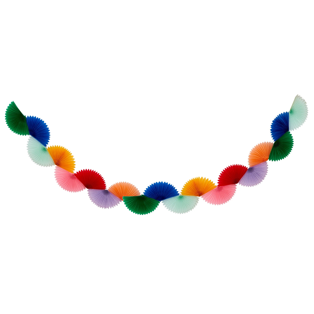 A festive garland featuring colorful honeycomb fan shapes, ideal for brightening up party spaces with a burst of color.