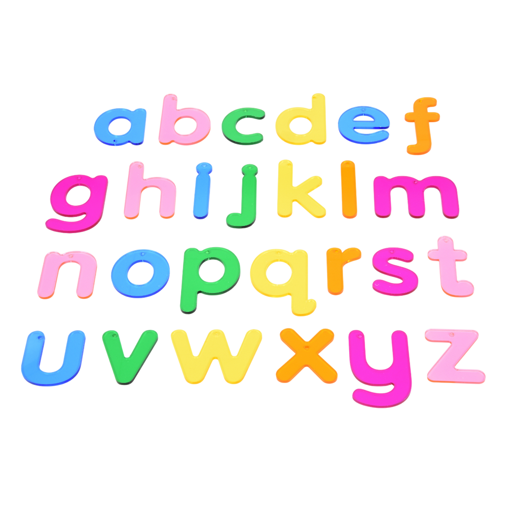 A set of brightly colored translucent lowercase letters, perfect for sensory play, alphabet recognition, and use with light panels.