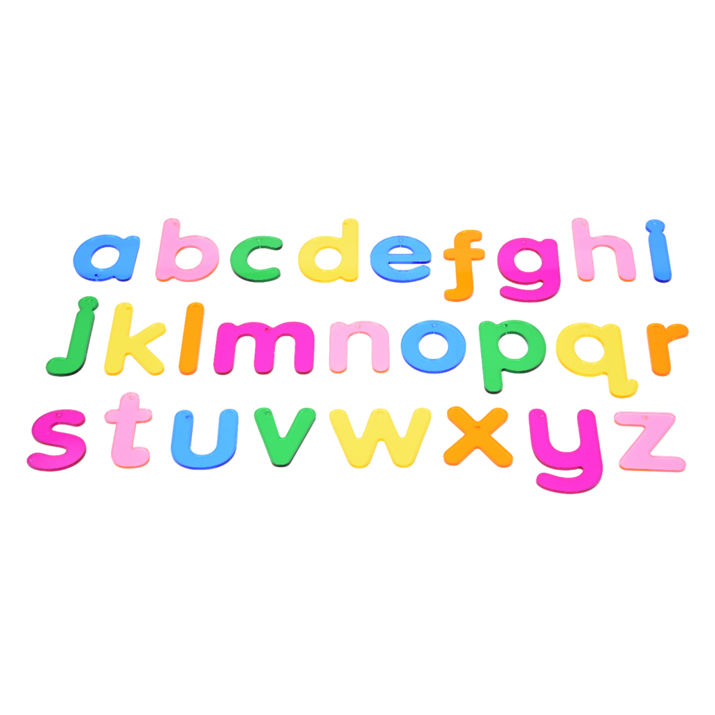 A set of brightly colored translucent lowercase letters, perfect for sensory play, alphabet recognition, and use with light panels.