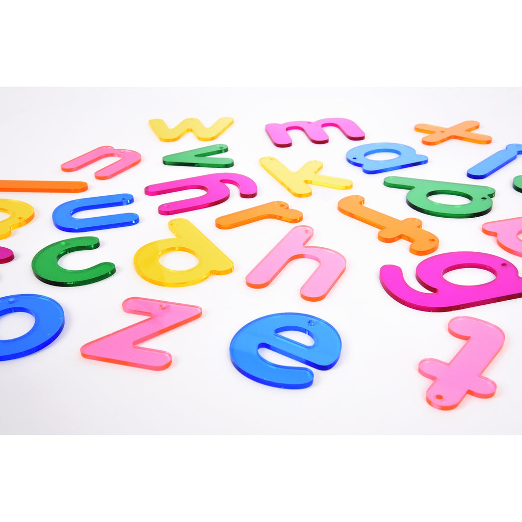 A set of brightly colored translucent lowercase letters, perfect for sensory play, alphabet recognition, and use with light panels.