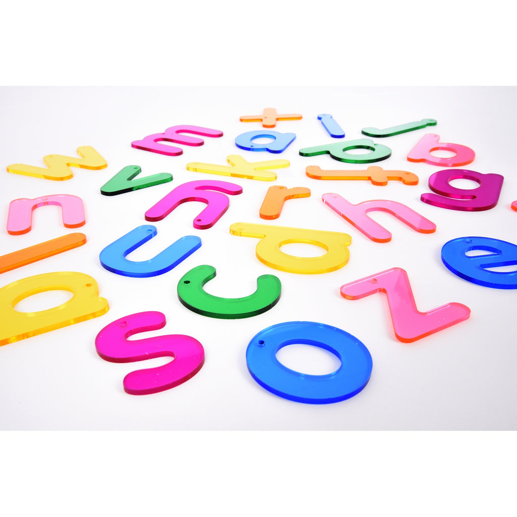 A set of brightly colored translucent lowercase letters, perfect for sensory play, alphabet recognition, and use with light panels.
