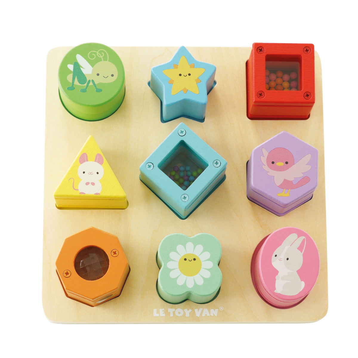 Wooden sensory shape sorter puzzle board with colorful blocks featuring cute illustrations and beads.
