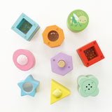 Colorful wooden sensory shape sorter blocks with various textures and activities.