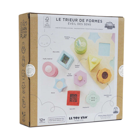 Packaging box for Le Toy Van sensory shape sorter showcasing interactive features.