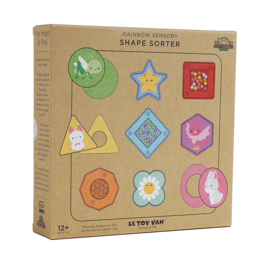 Colorful shape sorter box featuring playful animal illustrations and shapes, designed for children 12 months and older by Le Toy Van.