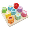 Wooden rainbow sensory shape sorter tray featuring colorful blocks with animals and patterns.