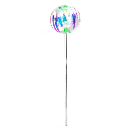 A colorful rotating LED sphere atop a sleek silver stick against a white background. The sphere emits vibrant hues, creating a playful and dynamic feel.